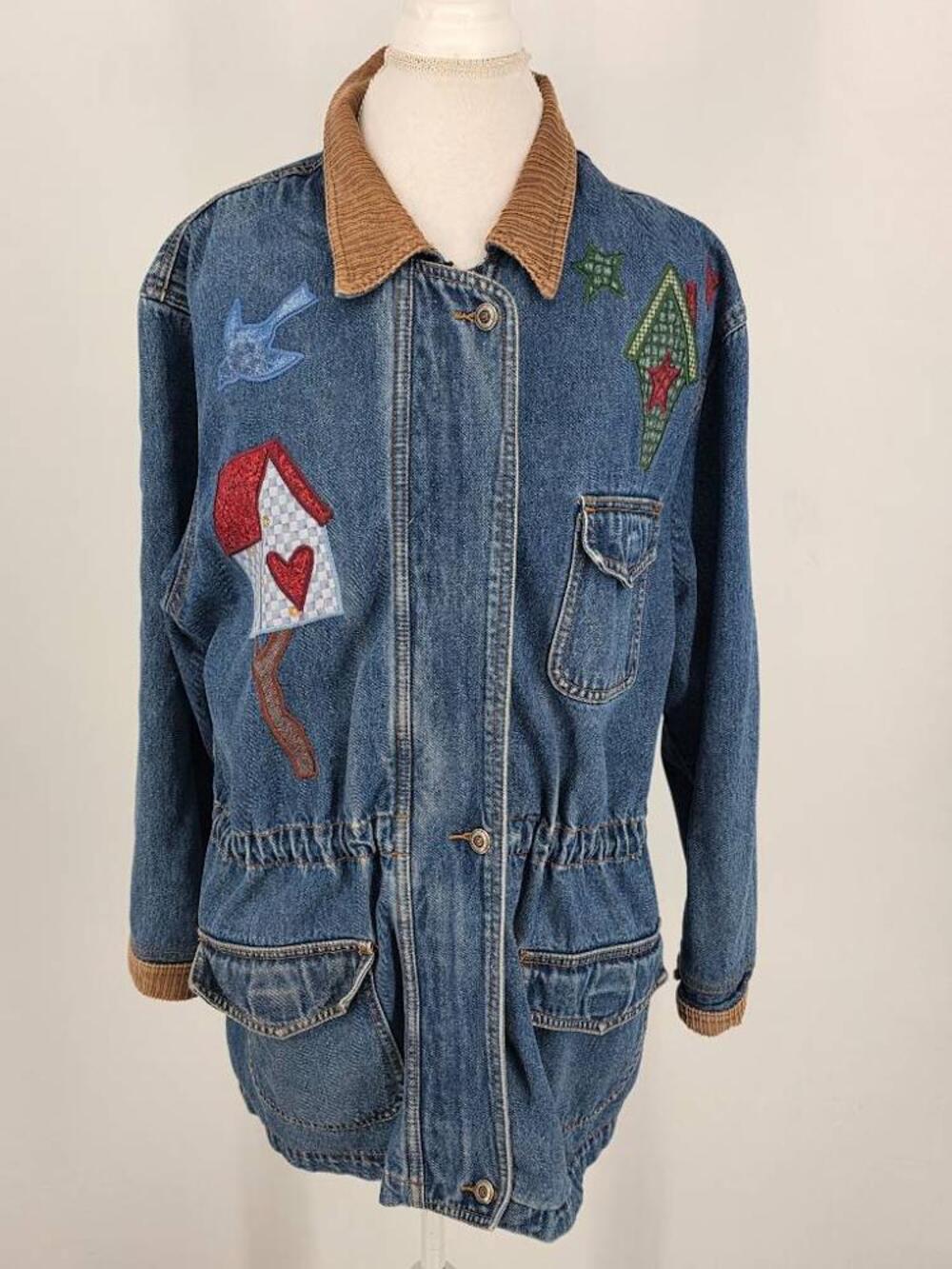 Vintage Haiks Womens XL Patchwork Corduroy Denim Parka Jacket Birdhouse